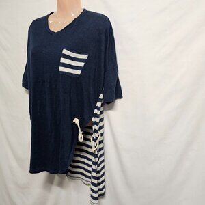 Johnny Was Pete & Greta Linen Women Deep Slit Top Blouse Shirt Size S Blue White